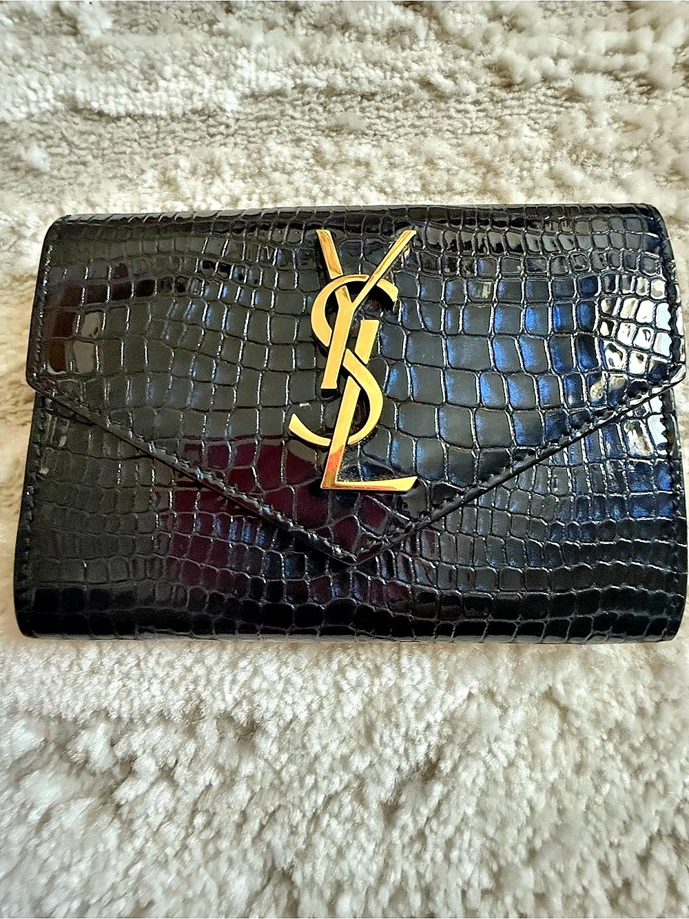 Saint Laurent Cassandre Card Case in Crocodile-Embossed Shiny Leather Cassandre